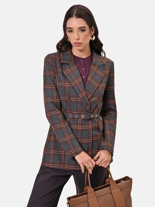 Brown Check Double-Breasted Jacket with Belt