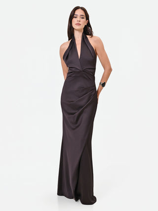 Robe longue couleur chocolat avec drapé