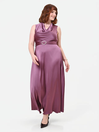 Curvy Antique Rose Long Satin Dress with Belt