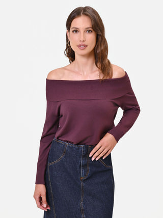 Jersey burdeos con hombros descubiertos en mezcla de viscosa
