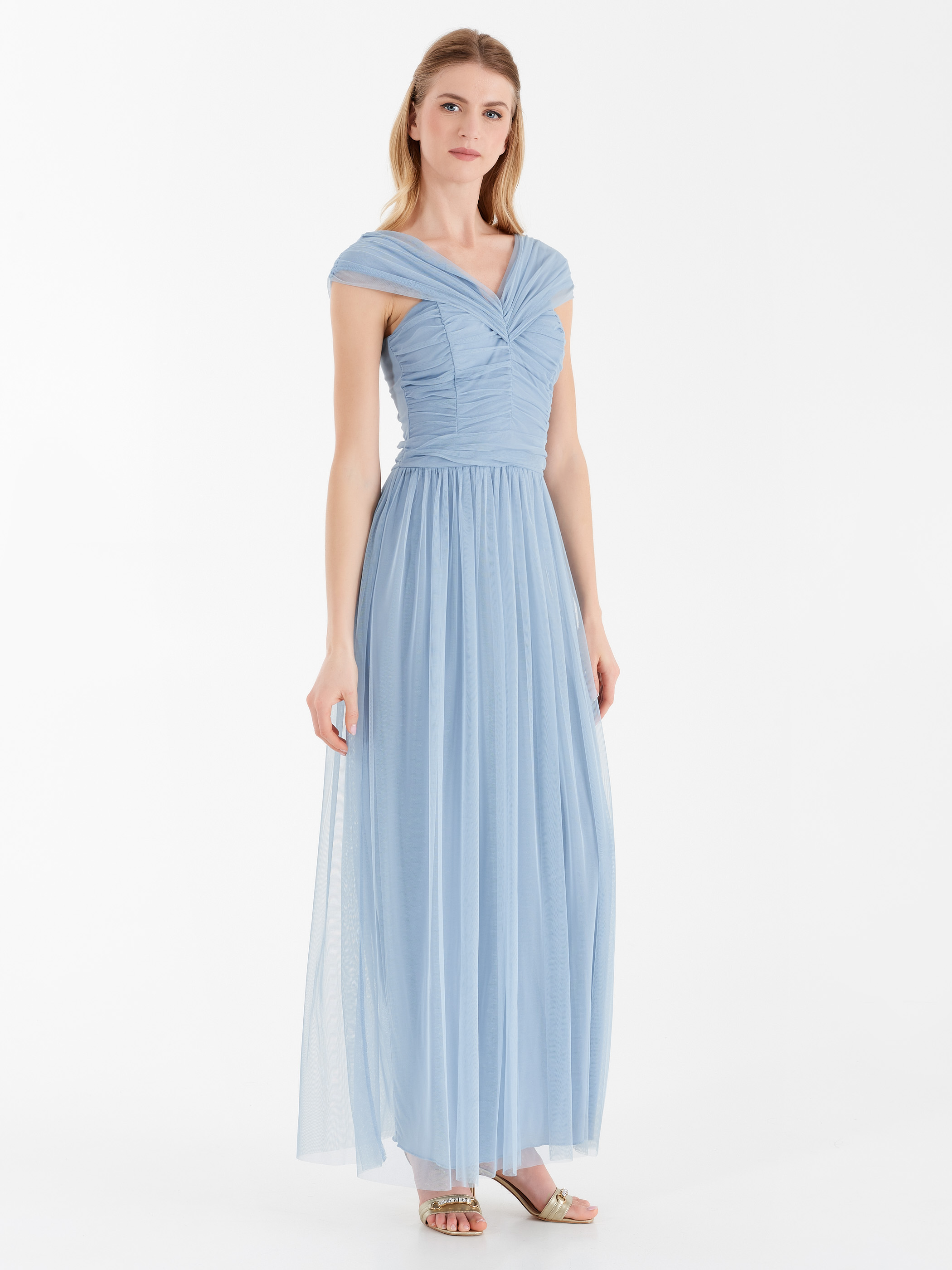 Vestido Atelier drapeado color celeste | Azul Celeste | Mujer | Rinascimento