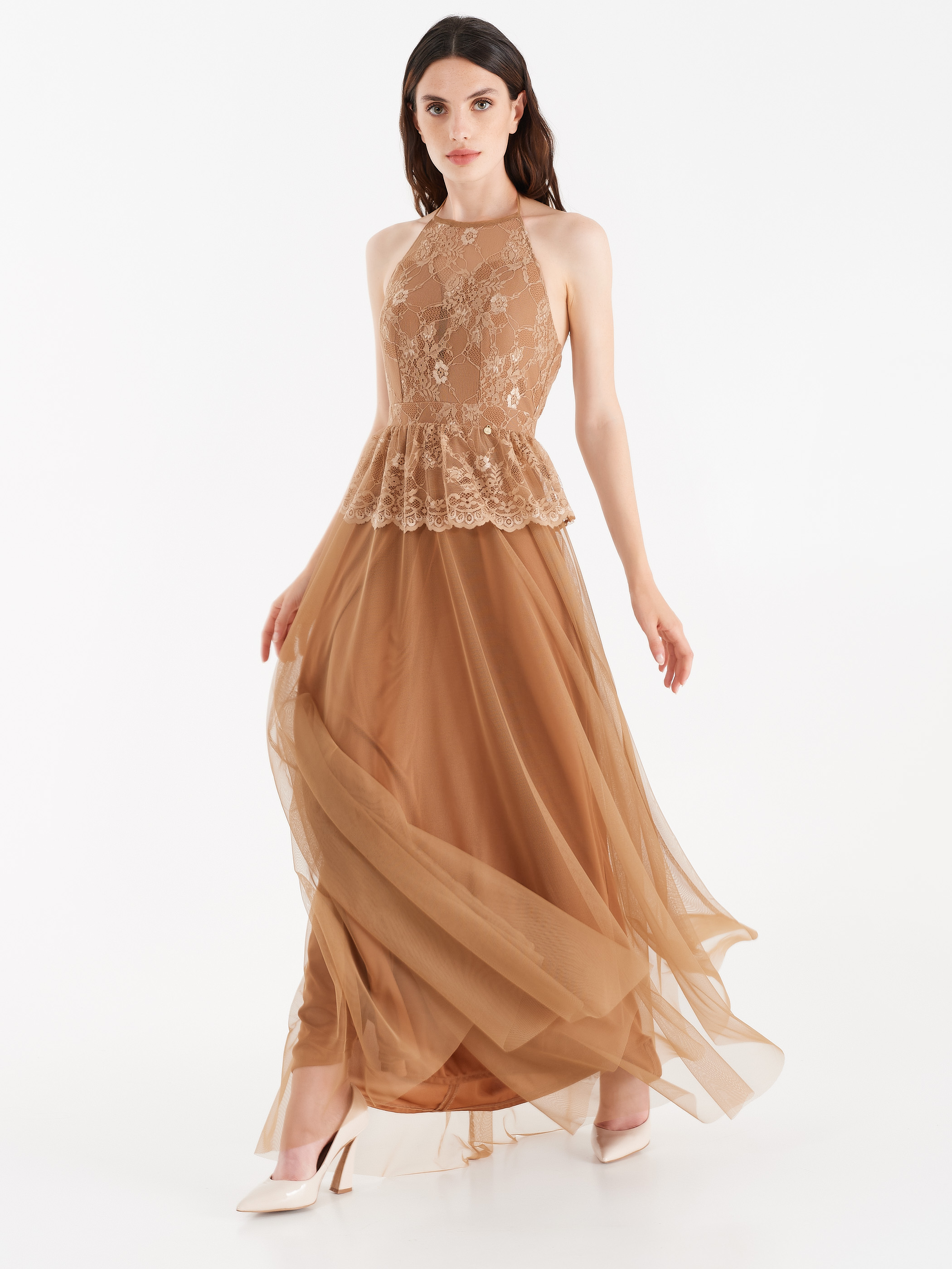 Tulle And Lace Full Length Dress Brown Bronze Rinascimento