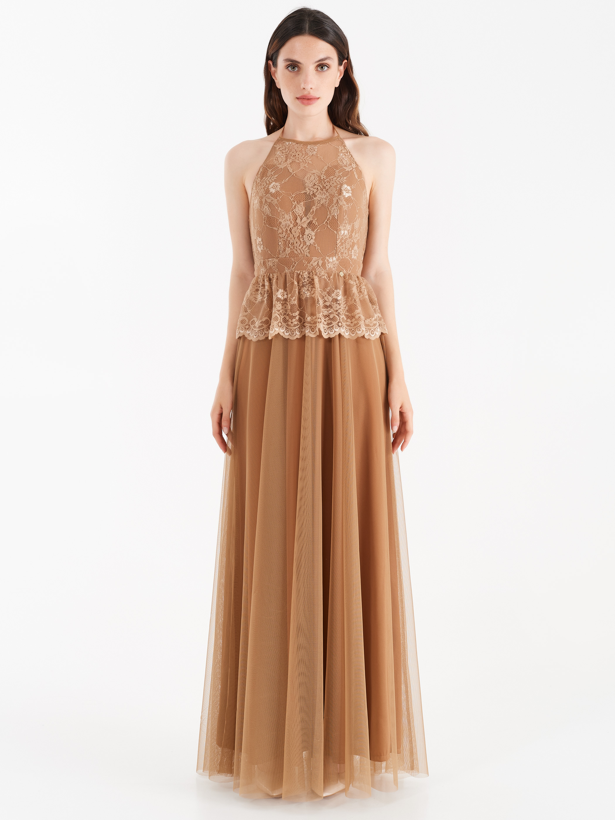 Tulle And Lace Full Length Dress Brown Bronze Rinascimento