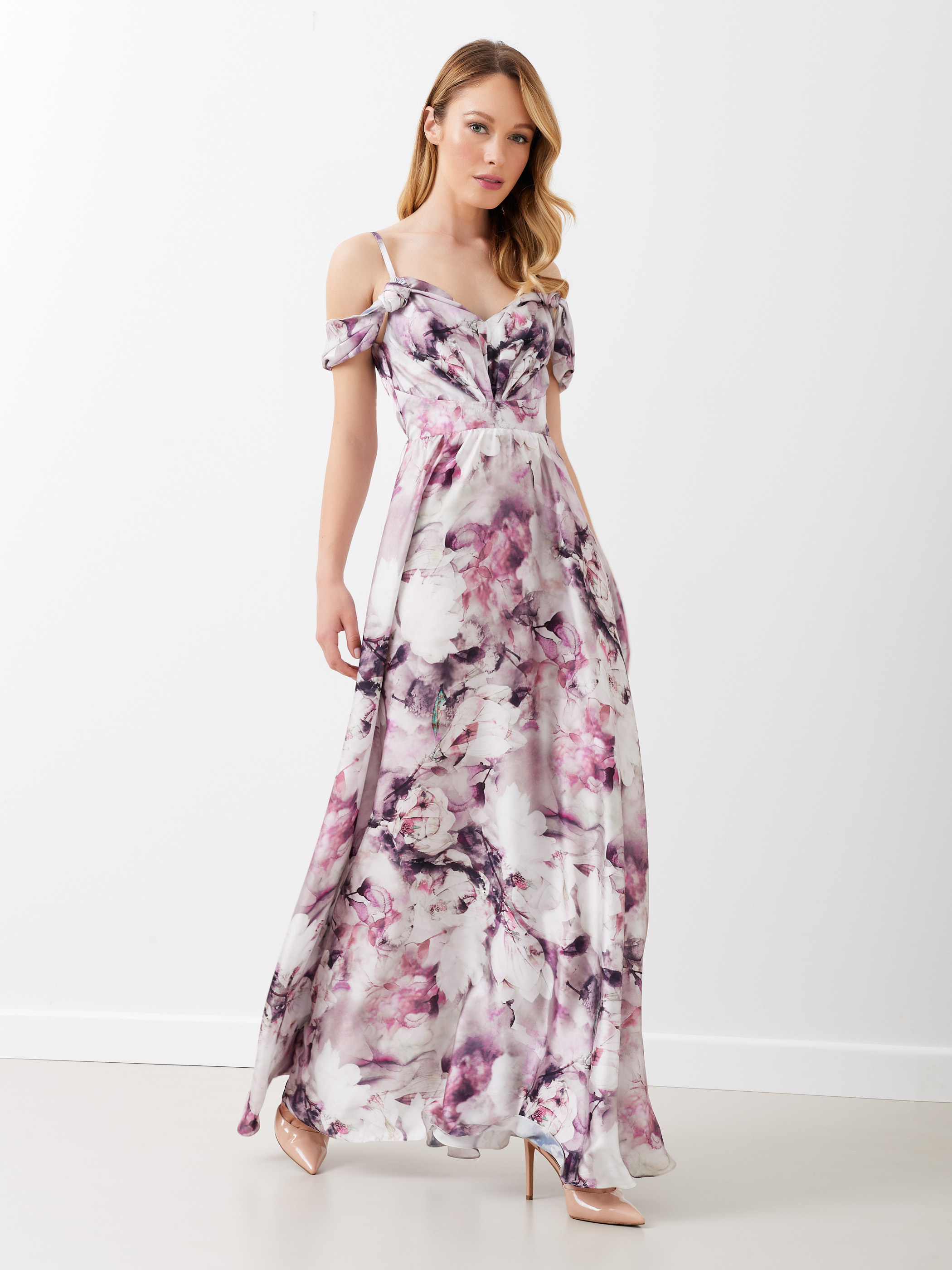 long printed satin dress