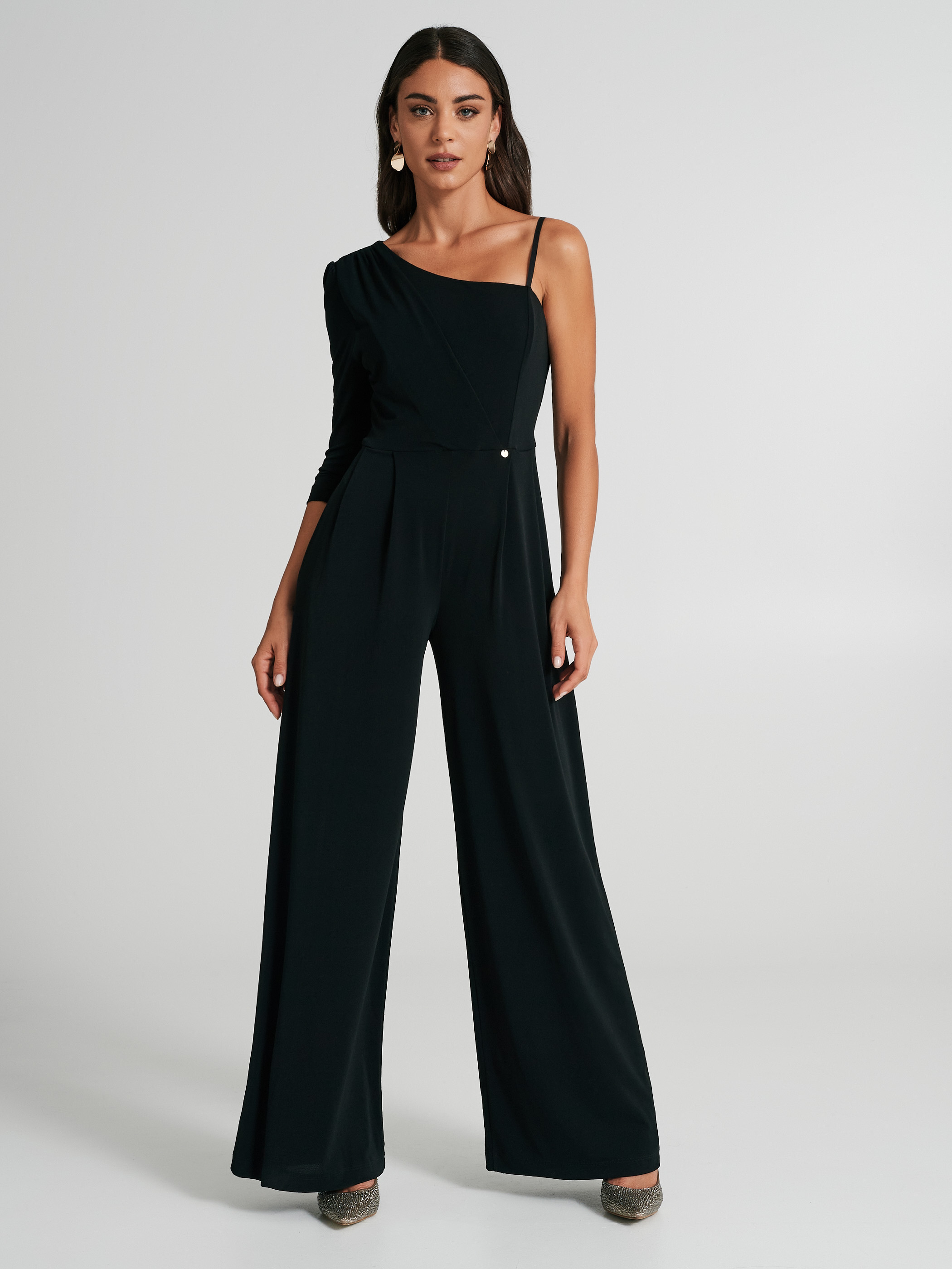 One shoulder jumpsuit in scuba crepe