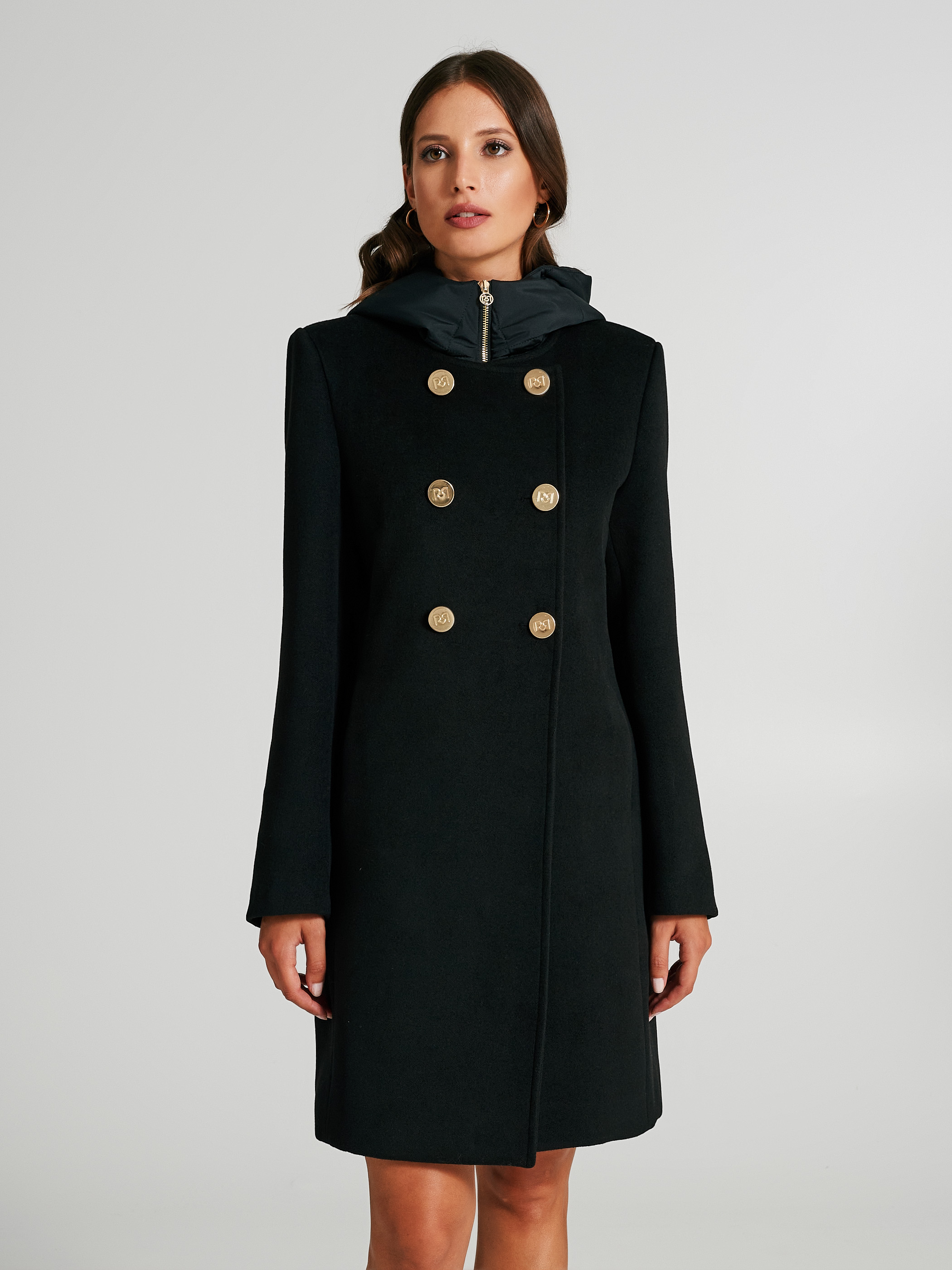 Rinascimento Long Manteau Noir Avec Boutons Dorés Noir