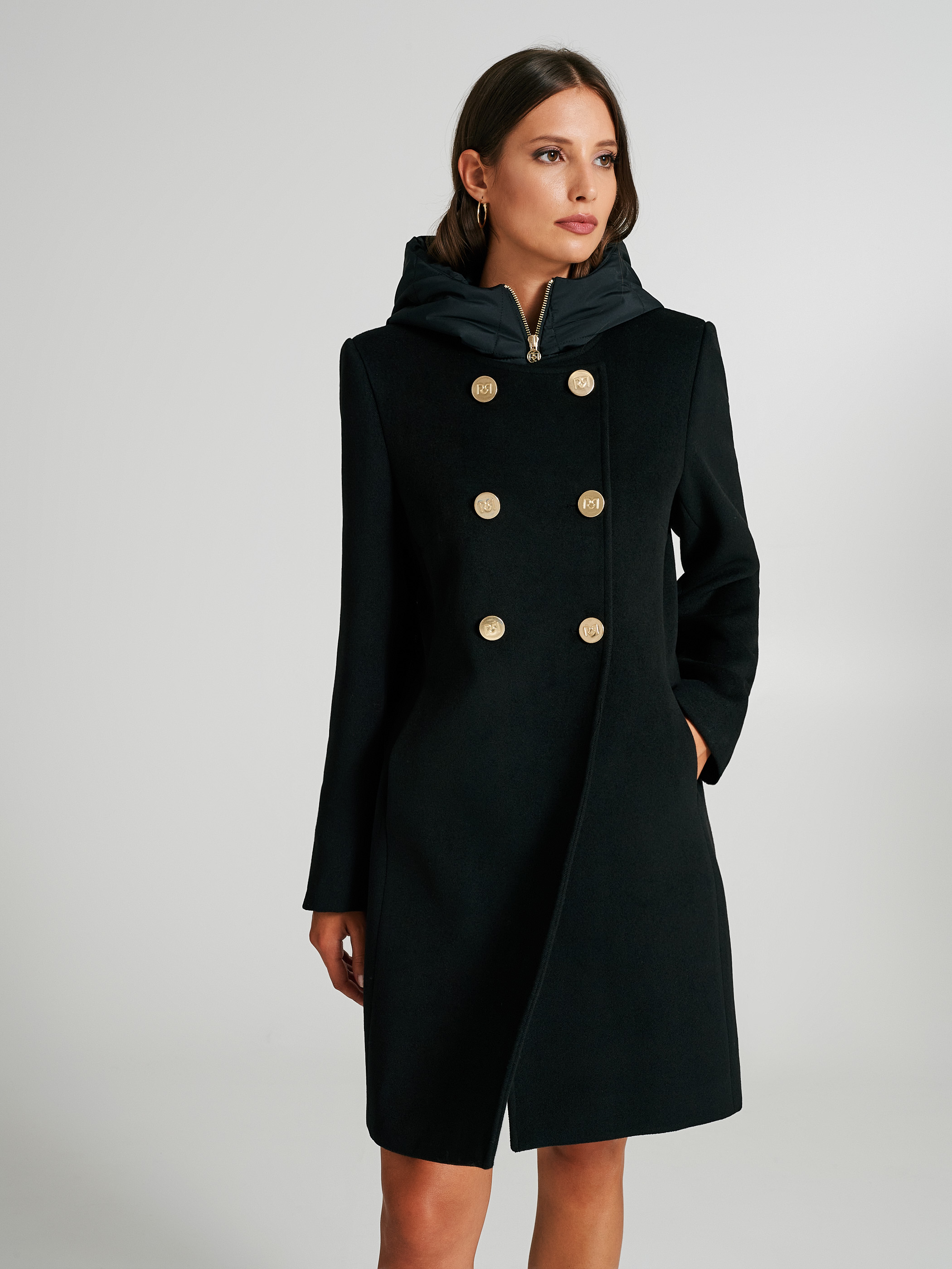 Rinascimento Long Manteau Noir Avec Boutons Dorés Noir