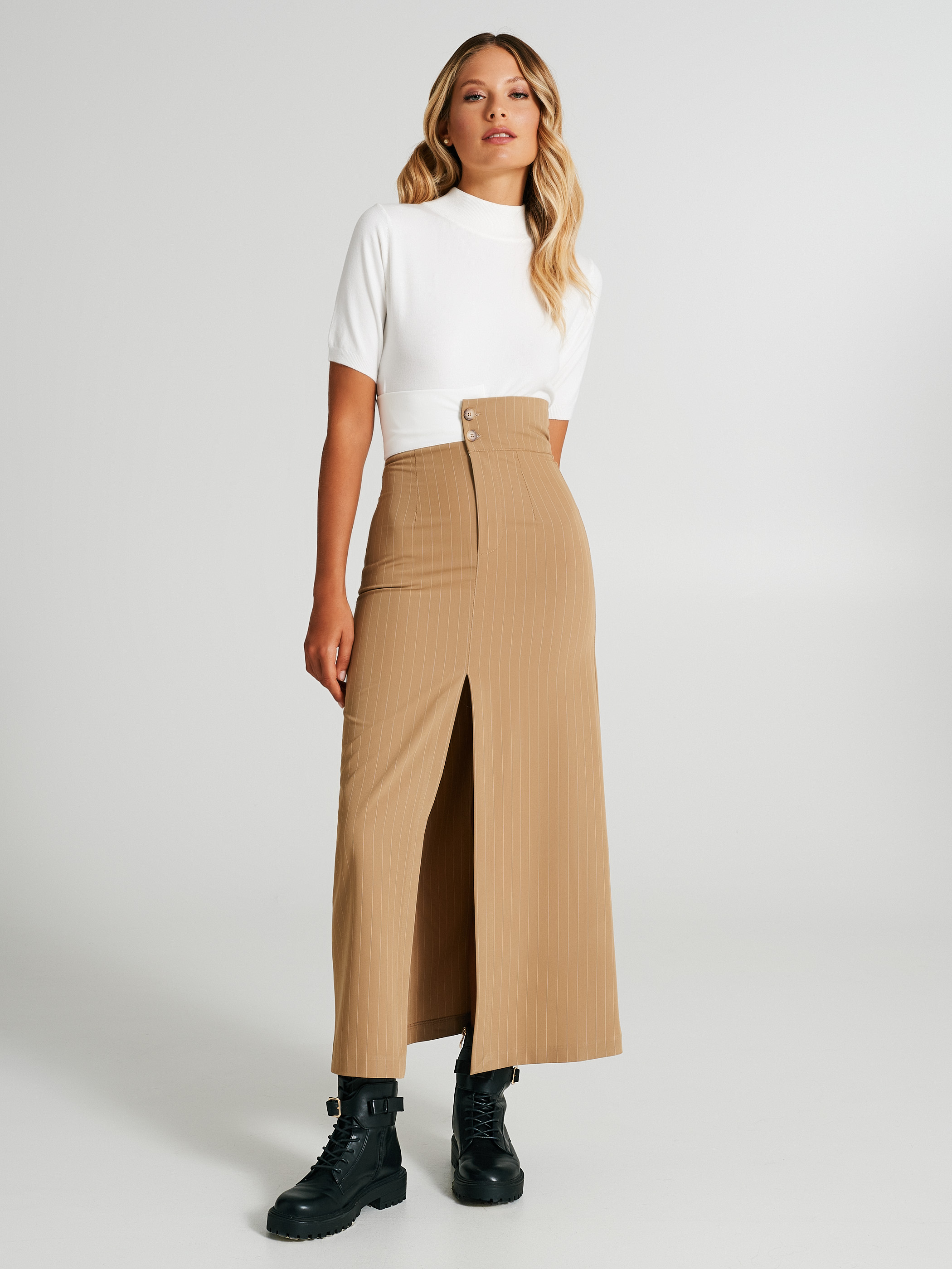 Khaki striped sales pencil skirt