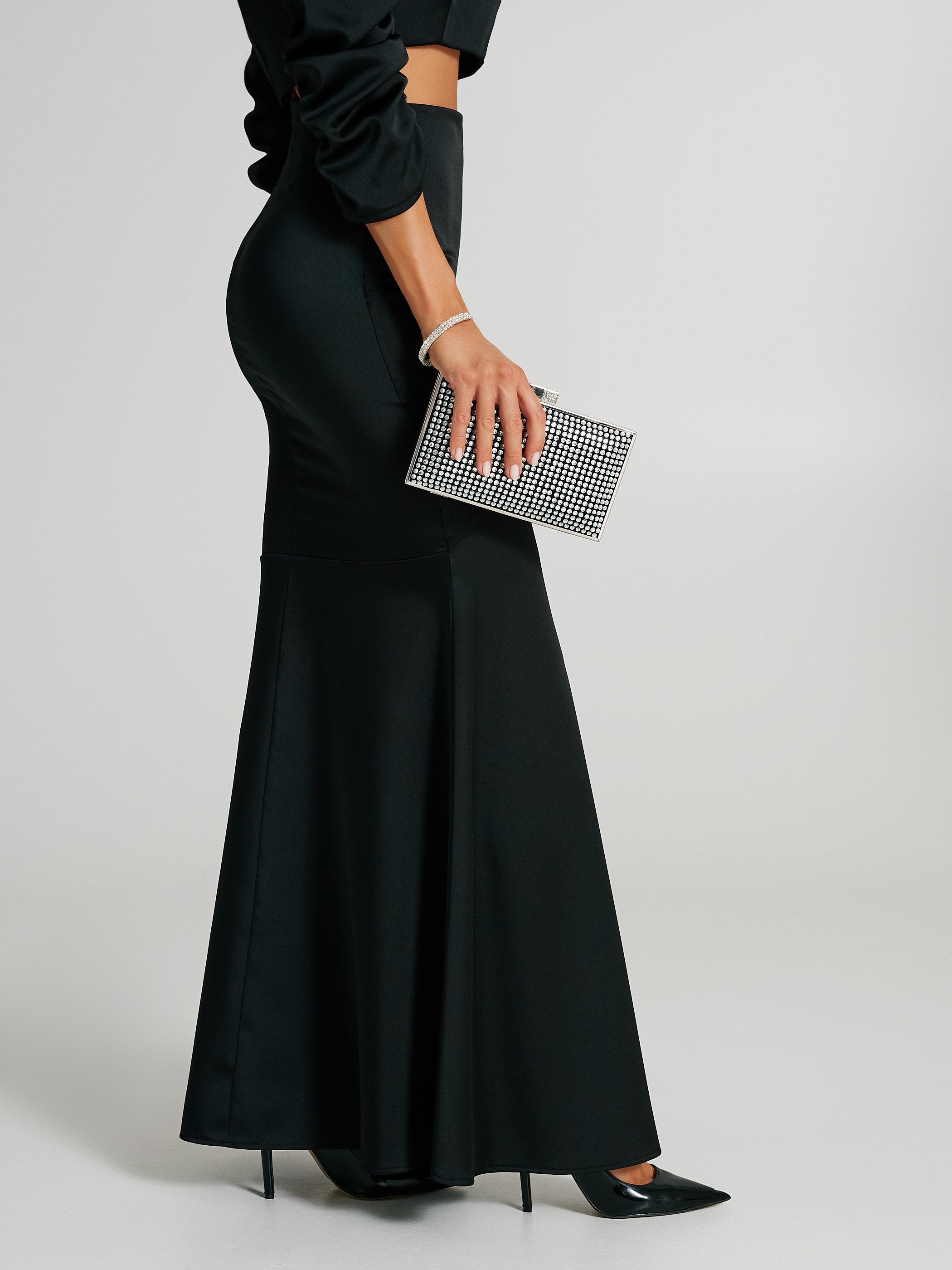 Long black satin fishtail skirt clearance