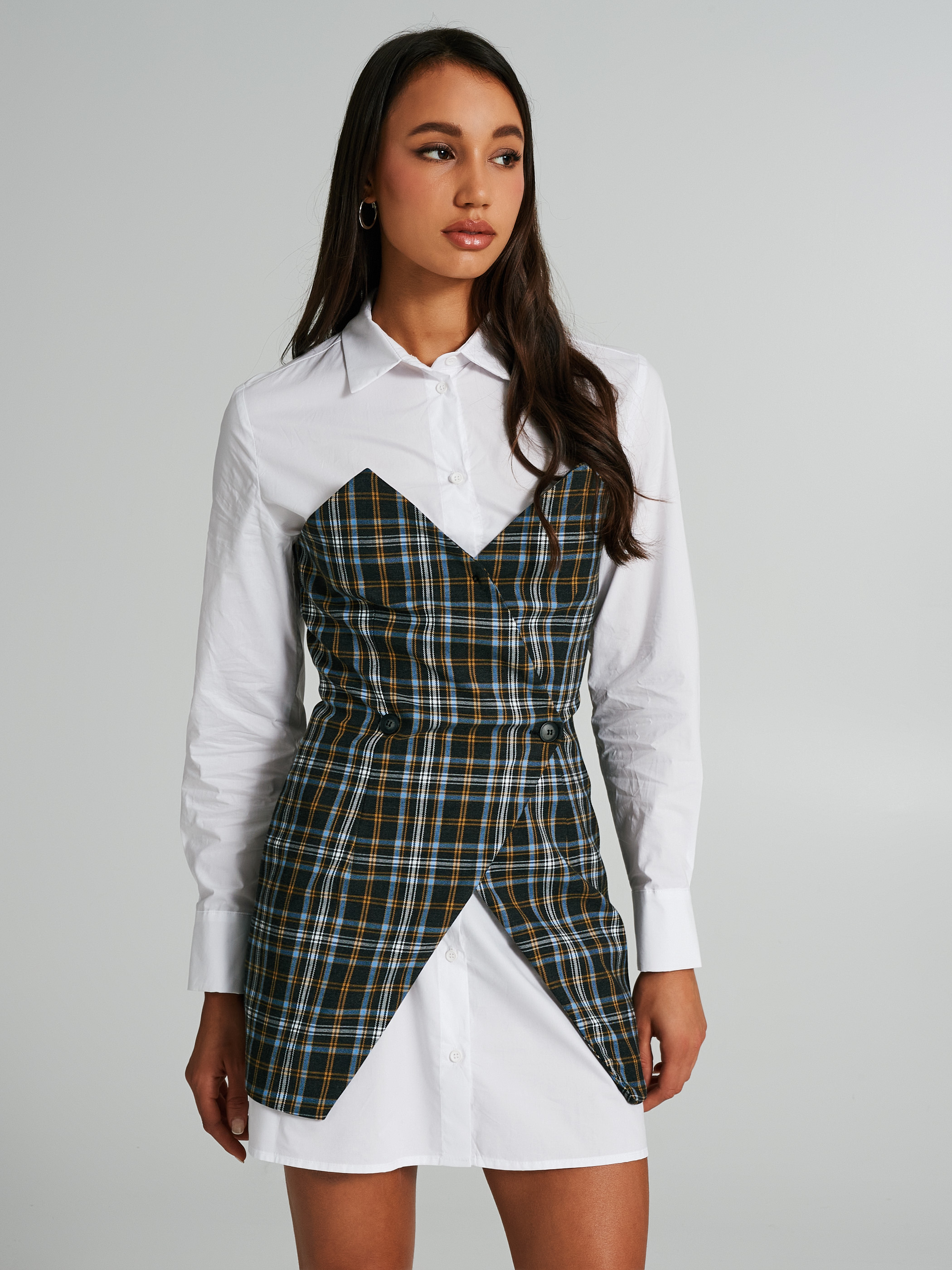 Abito camicia con gilet check incorporato