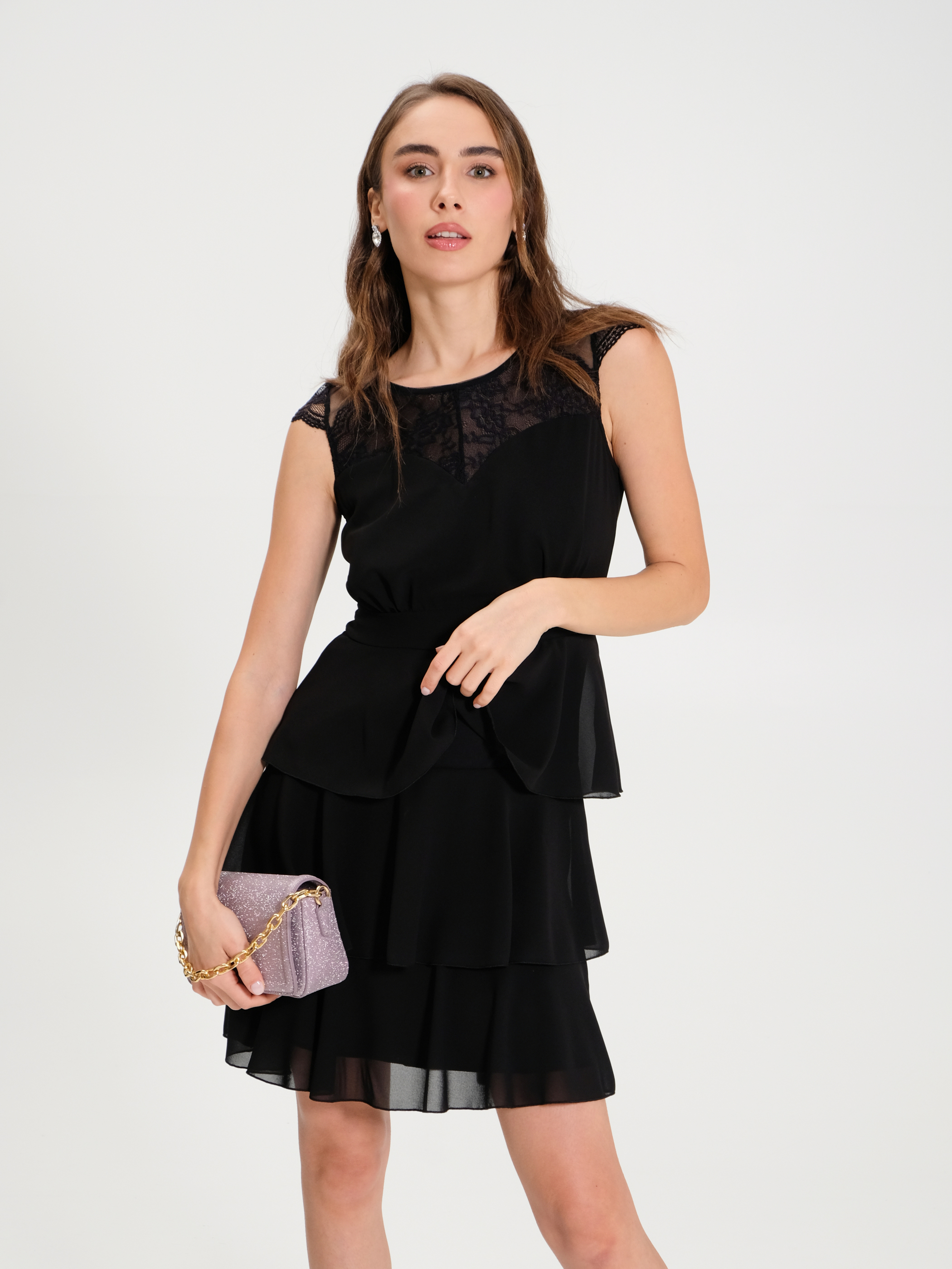 Volant-Kleid aus Georgette mit Spitze | Rinascimento