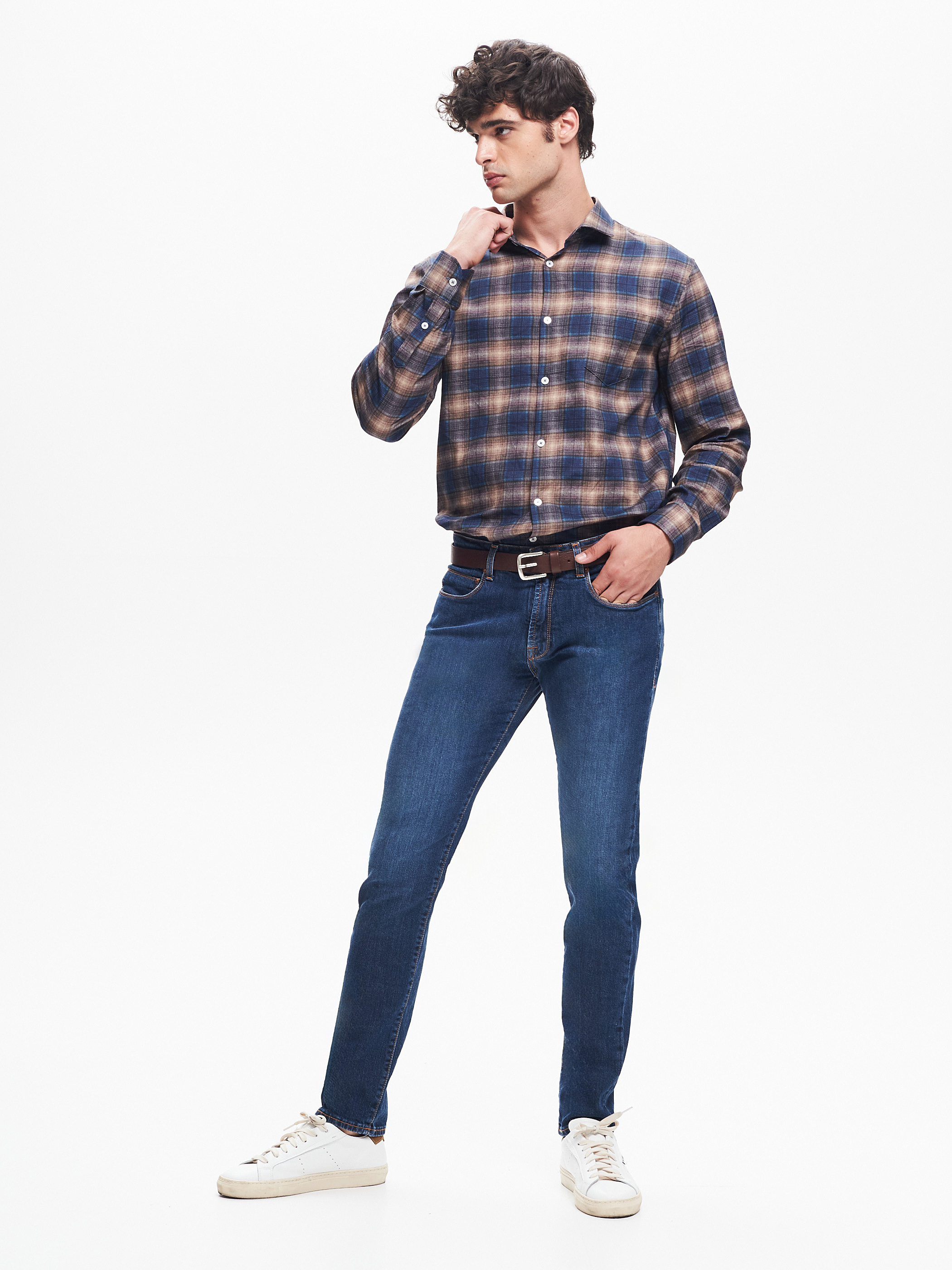 Camicia Check Uomo Collo alla Francese Blu QB24 Rinascimento