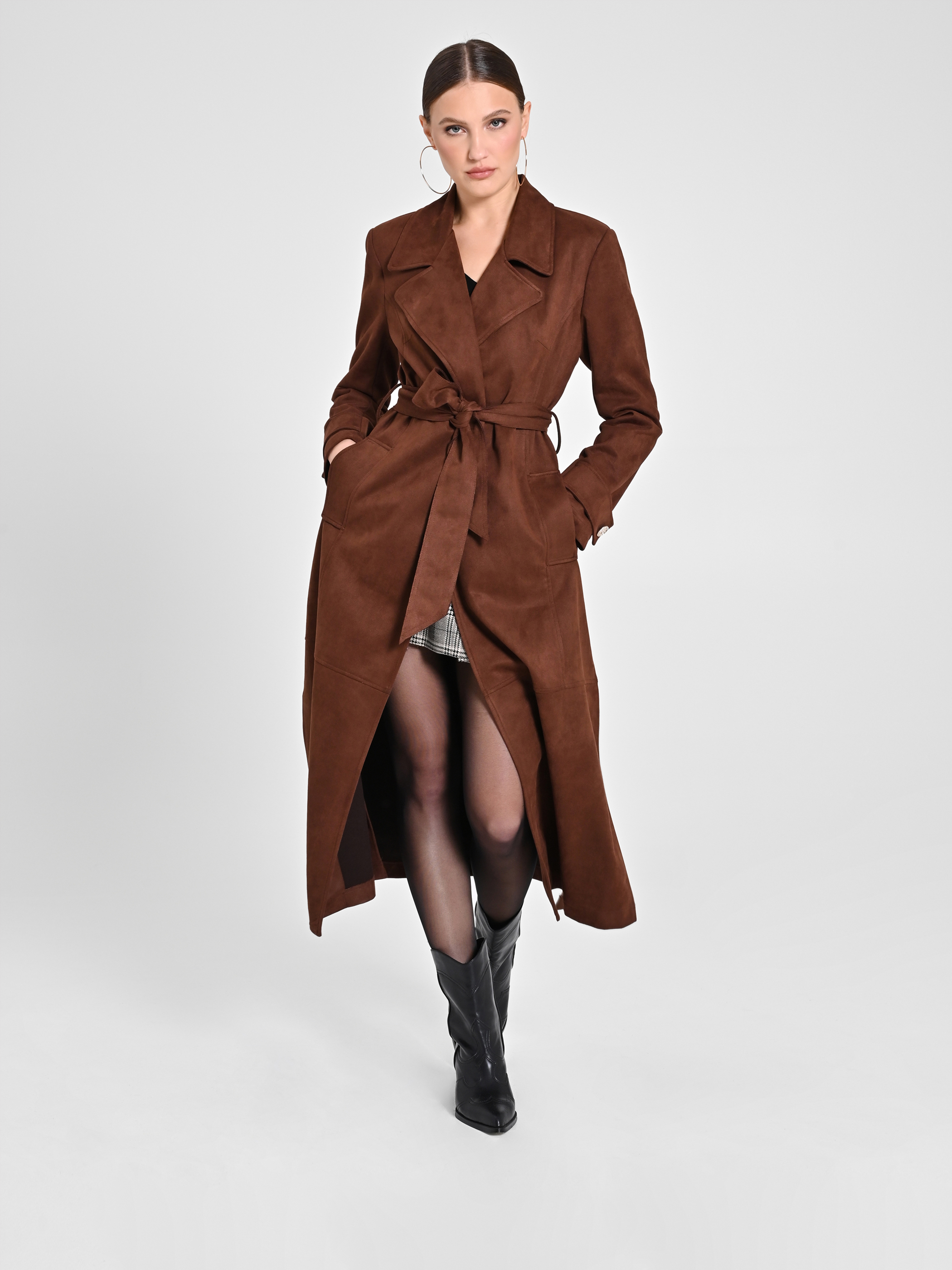 Chocolate-colored suede-effect trench coat | Rinascimento