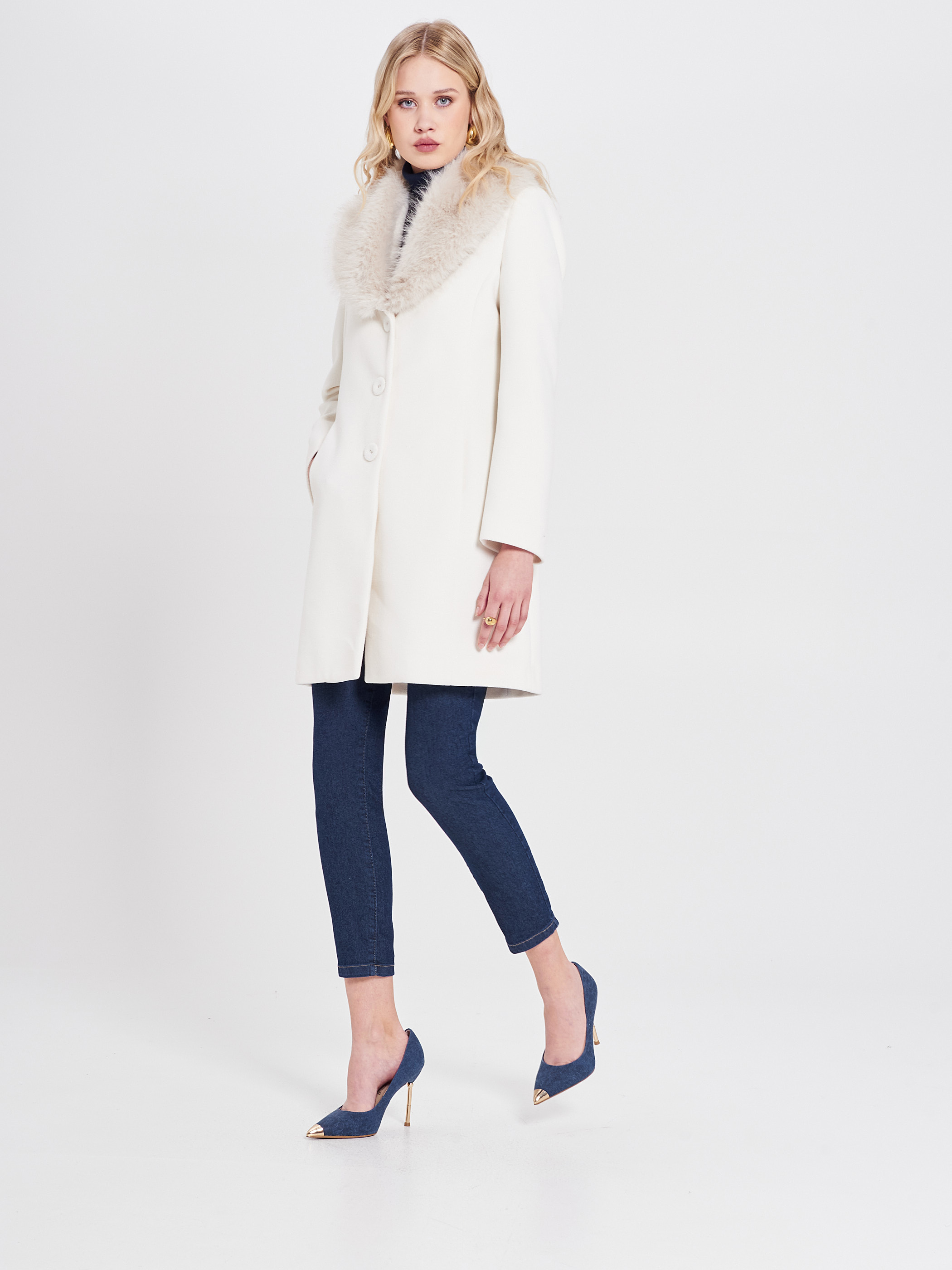 White Coat with Faux Fur Collar