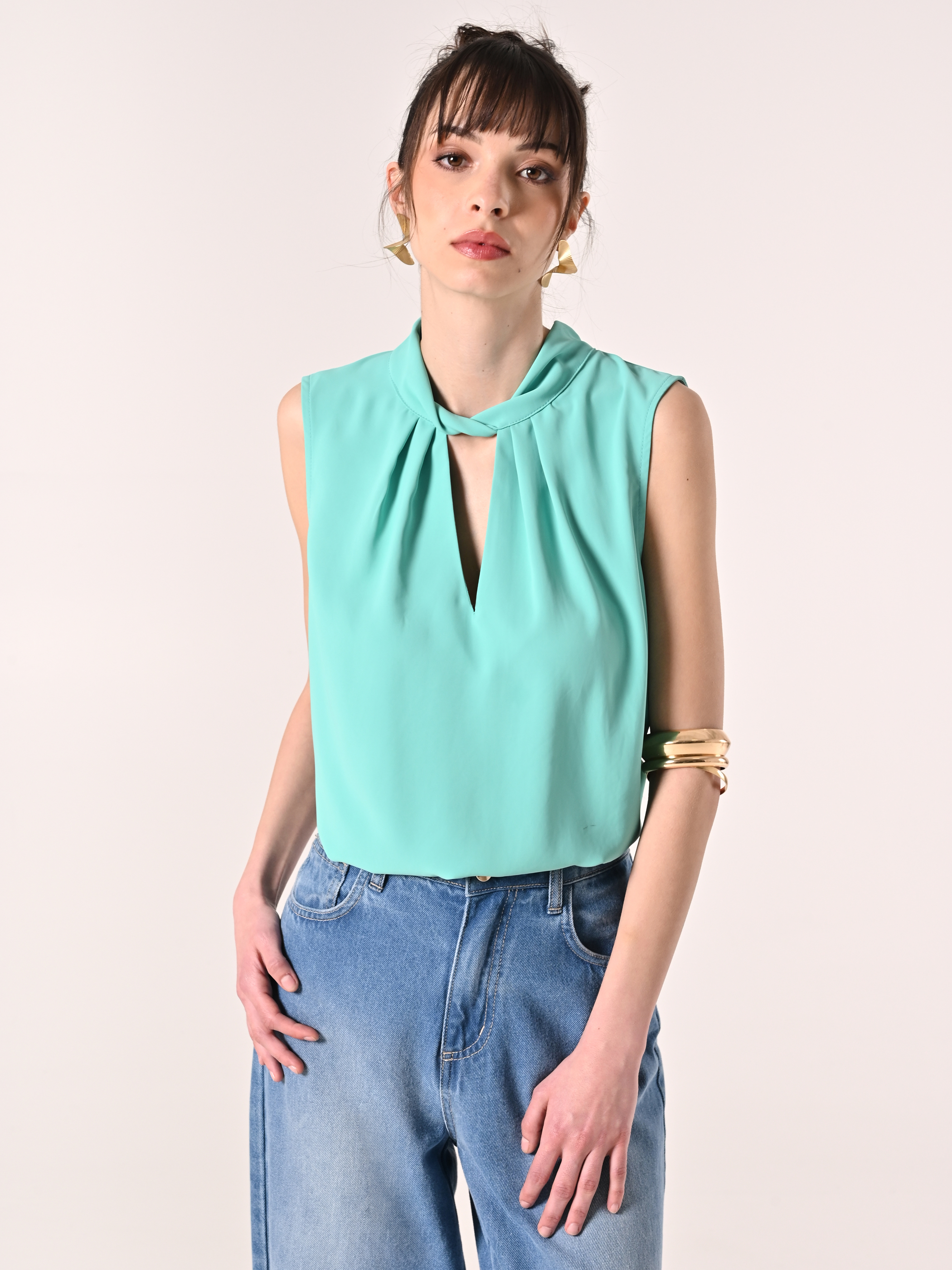 リナシメント RINASCIMENTO VネックサテンTOPS （Acqua Verde） リナシメント RINASCIMENTO VネックサテンTOPS （Acqua Verde