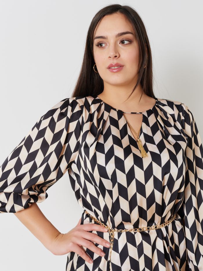 Abito Corto Curvy in Raso Stampa Geometrica  Rinascimento