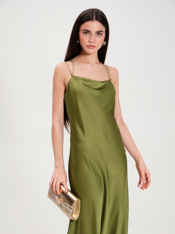 Moss Green Cowl-Neck Dress with Chain  Rinascimento