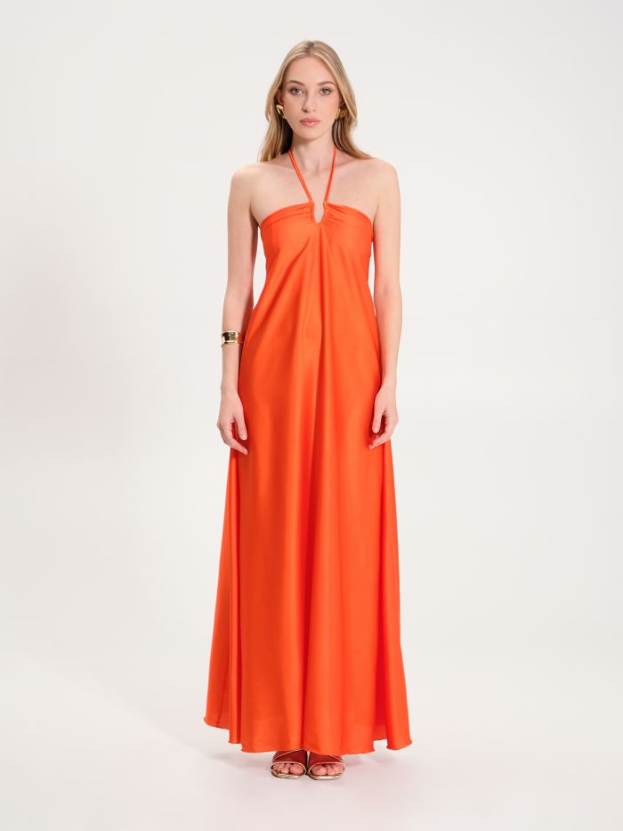 Langes Kleid aus Satin in Orange det_1