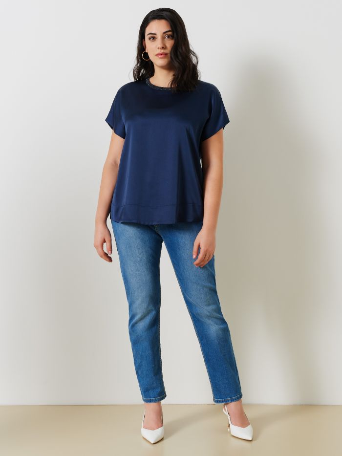 Blouse curvy col montant en satin et jersey de viscose   Rinascimento
