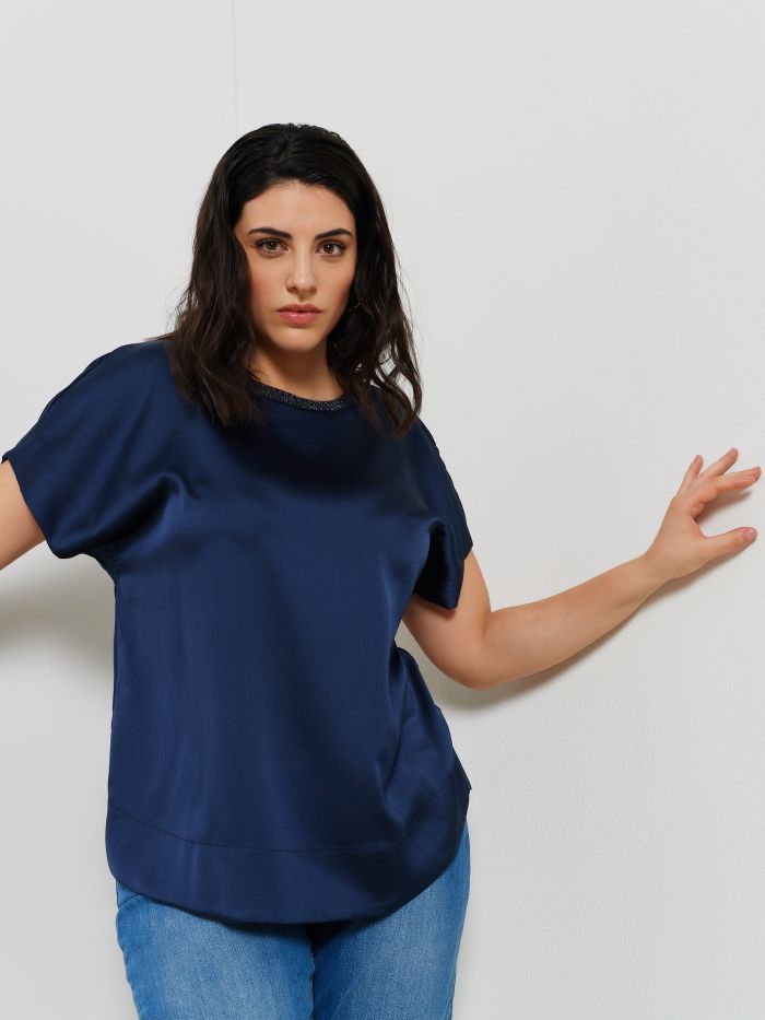Blouse curvy col montant en satin et jersey de viscose   Rinascimento