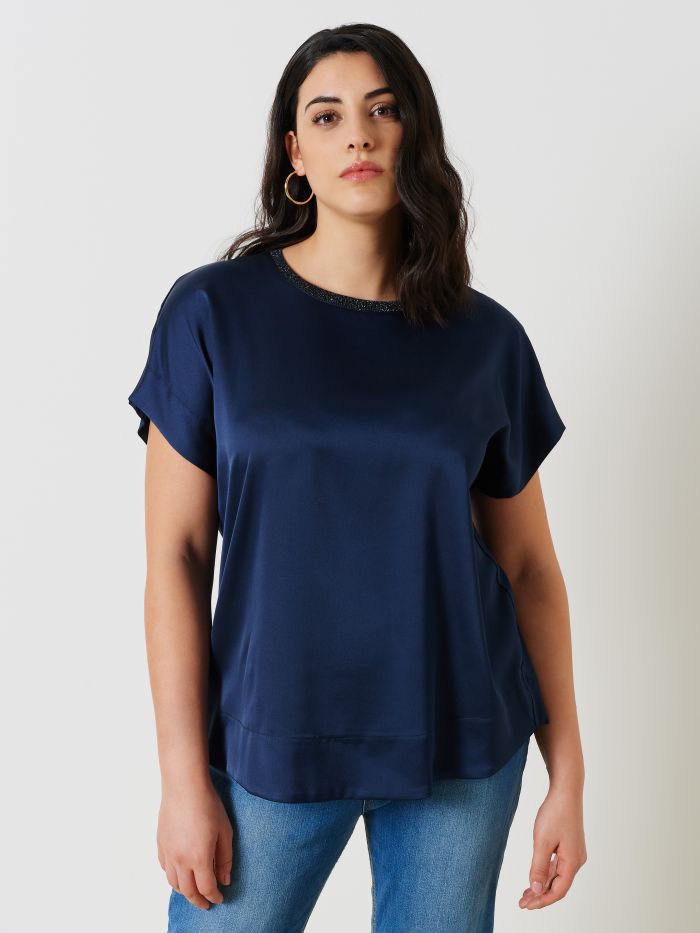 Blouse curvy col montant en satin et jersey de viscose   Rinascimento