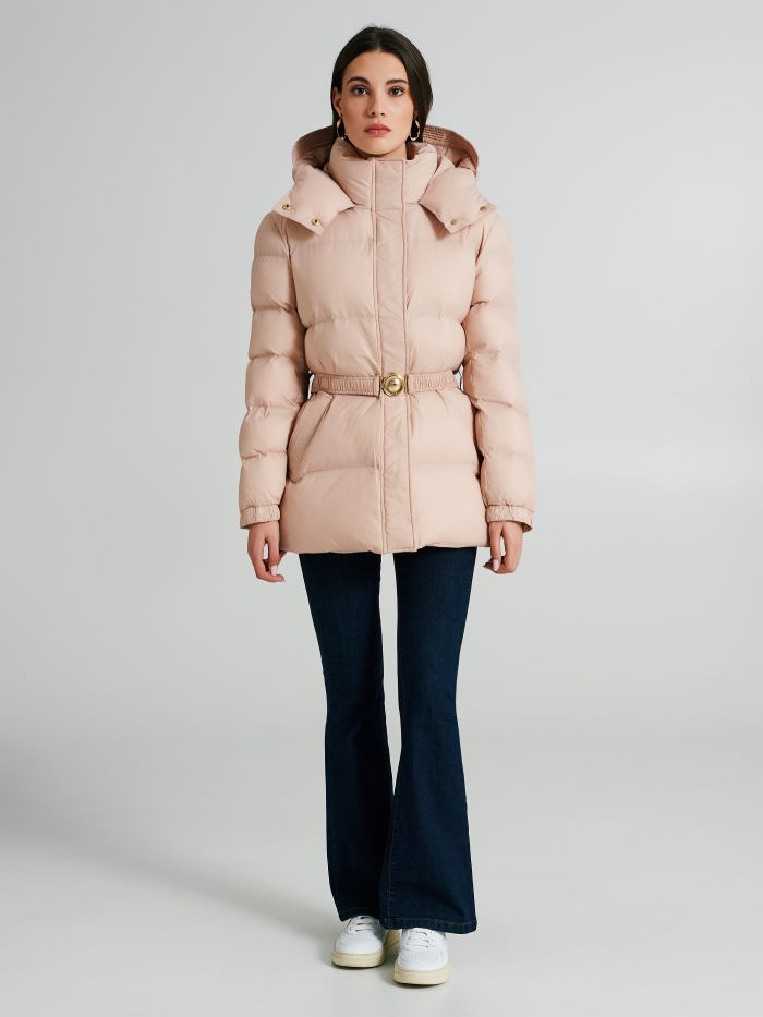 Short Repreve® down jacket with belt  Rinascimento
