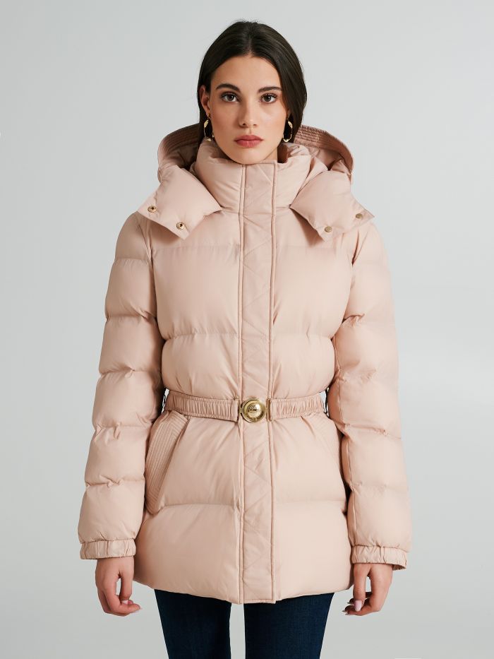 Short Repreve® down jacket with belt  Rinascimento