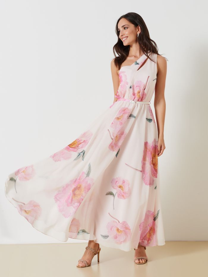 One-Shoulder Georgette Dress with Belt  Rinascimento