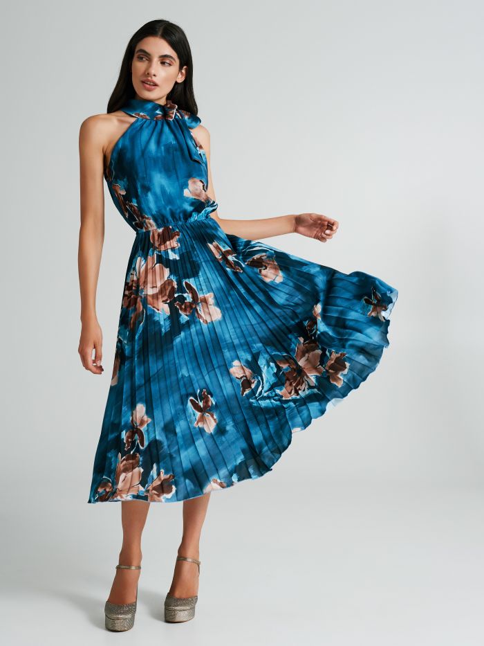 Halter dress with pleated skirt