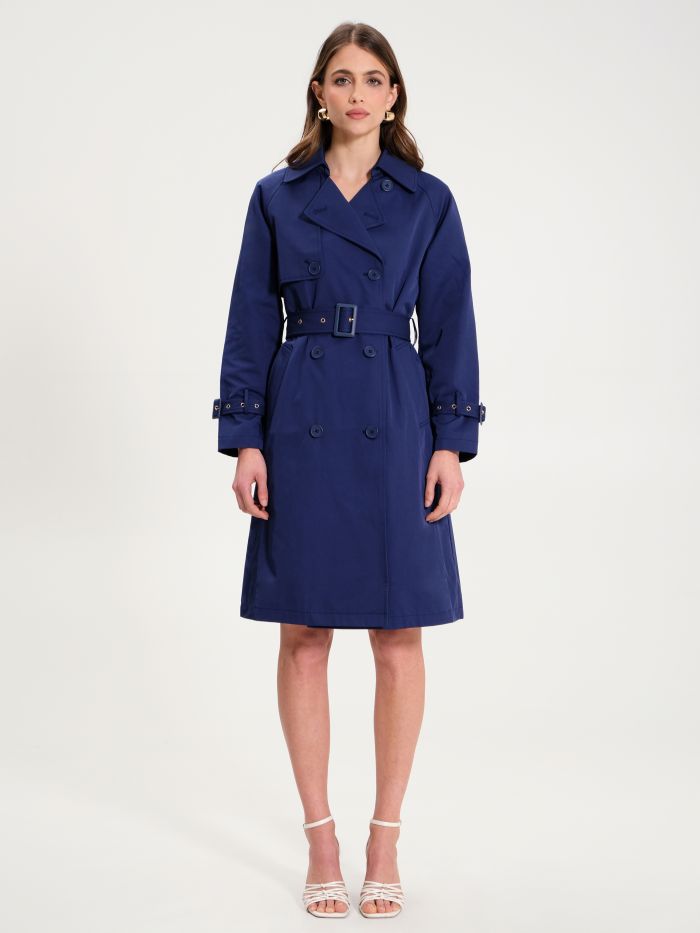 Blue Pleated Trench Coat with Belt