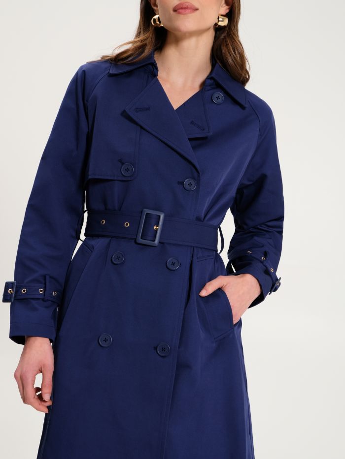 Blue Pleated Trench Coat with Belt