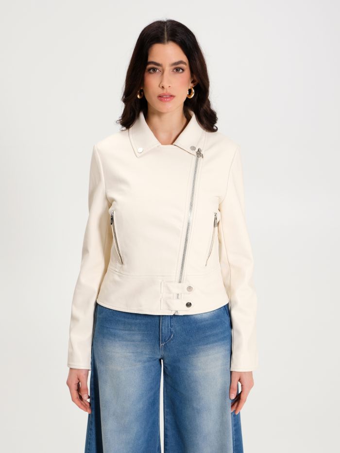Smooth Faux Leather Jacket in Cream   Rinascimento