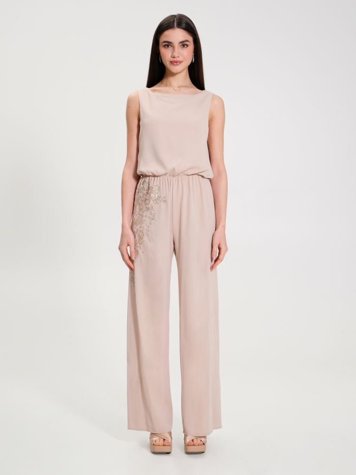 Beige Palazzo Jumpsuit with Crystals  Rinascimento