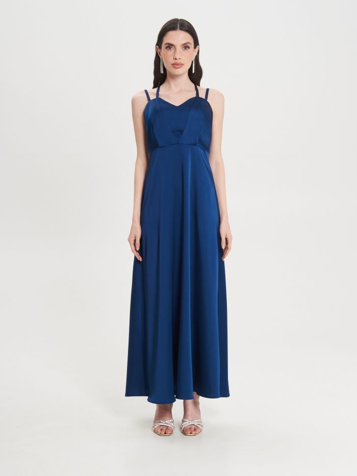Long Blue Satin Dress with Ties   Rinascimento