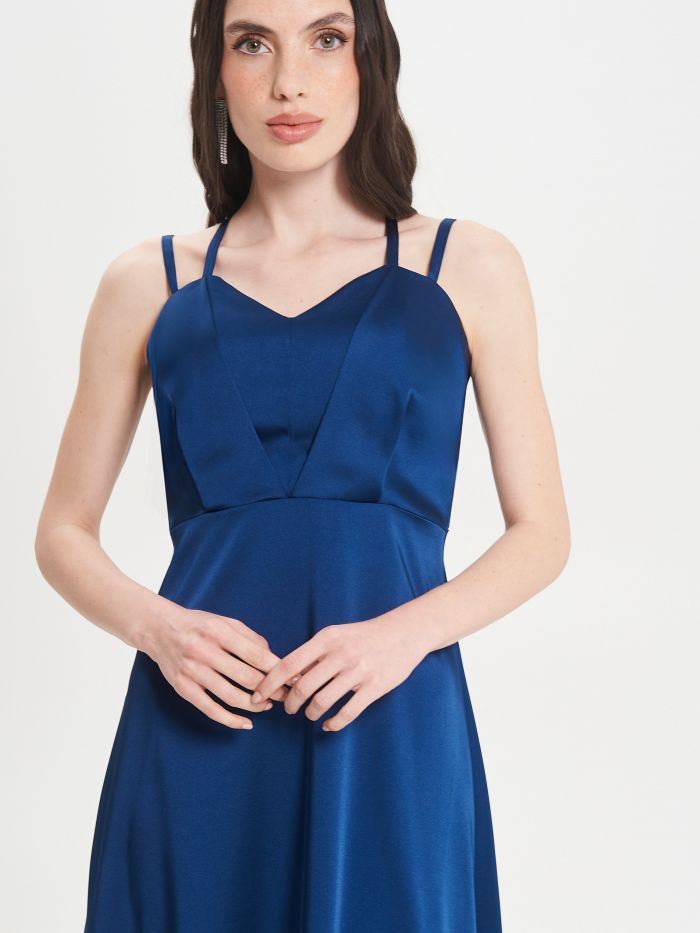 Langes Kleid aus Satin mit Schnürung in Blau   Rinascimento