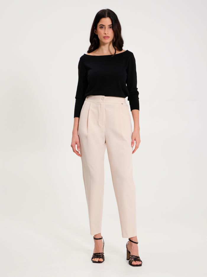 Beige Carrot-Fit Trousers with Smock Stitching  Rinascimento