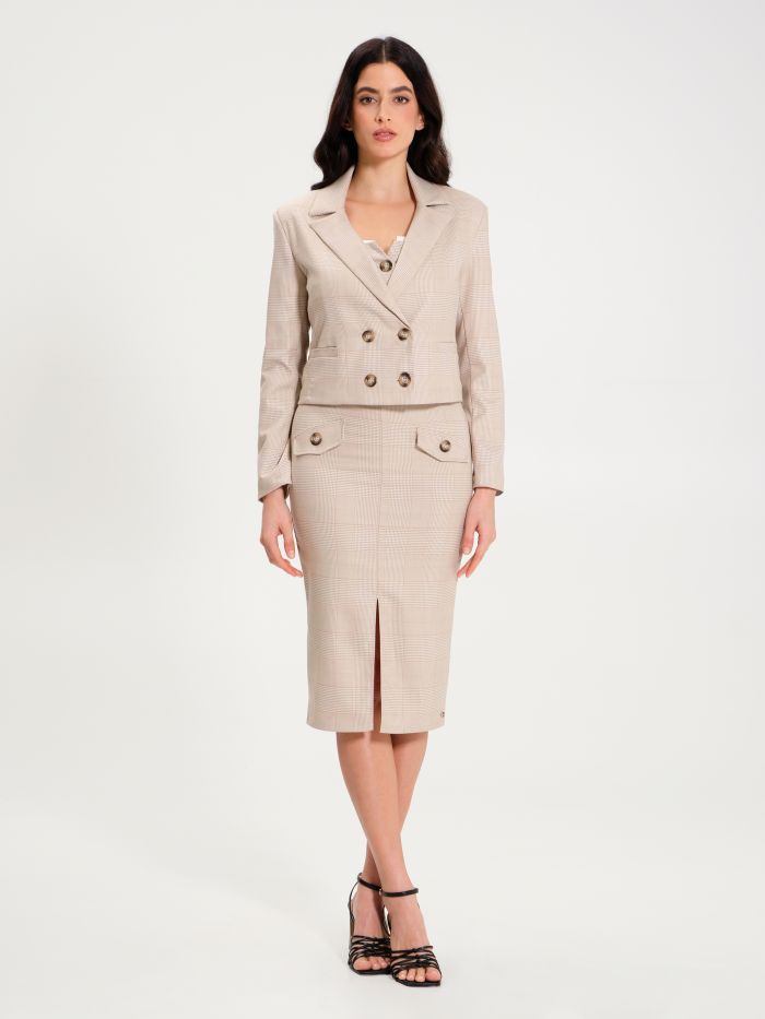 Short Double-Breasted Jacket with Beige Checkered Pattern  Rinascimento