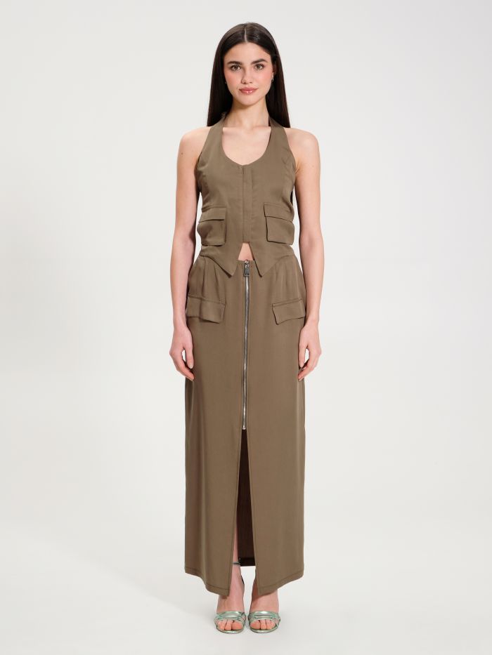 Military Green Low-cut Top with Flaps  Rinascimento