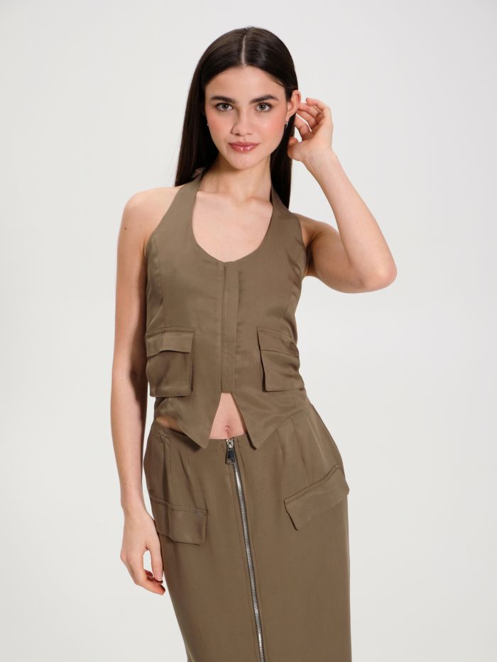 Military Green Low-cut Top with Flaps  Rinascimento