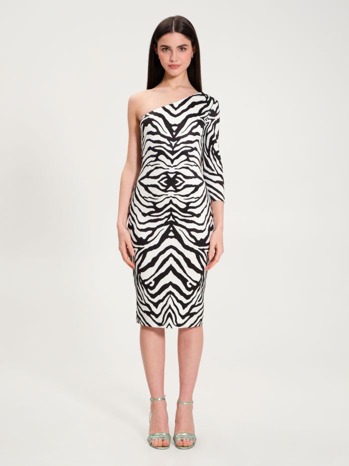 Zebra-print One-shoulder Dress in Lycra  Rinascimento