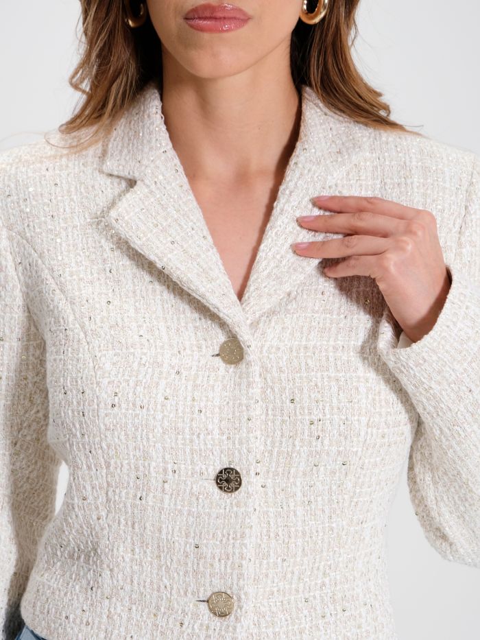 Chaqueta corta de tweed en blanco marfil  Rinascimento