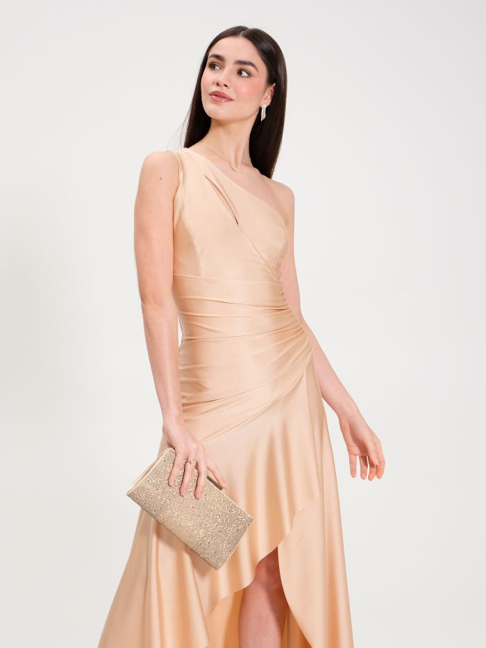 Beige One-Shoulder Jersey Dress with Ruffles  Rinascimento