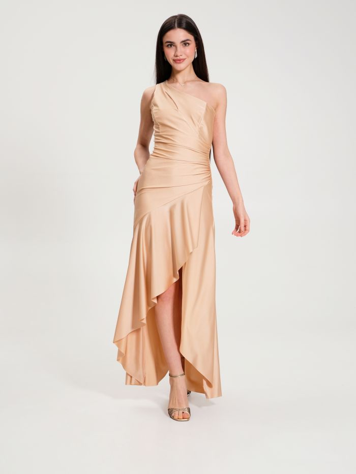 Beige One-Shoulder Jersey Dress with Ruffles  Rinascimento