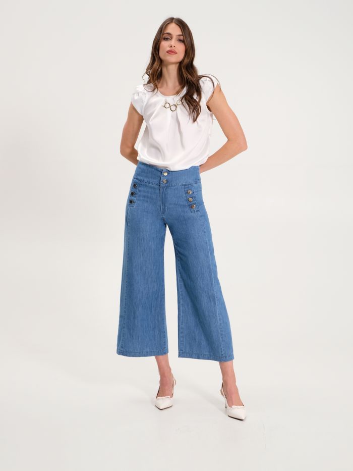 Cropped Palazzo Trousers with 6 Buttons in Light Blue Denim  Rinascimento