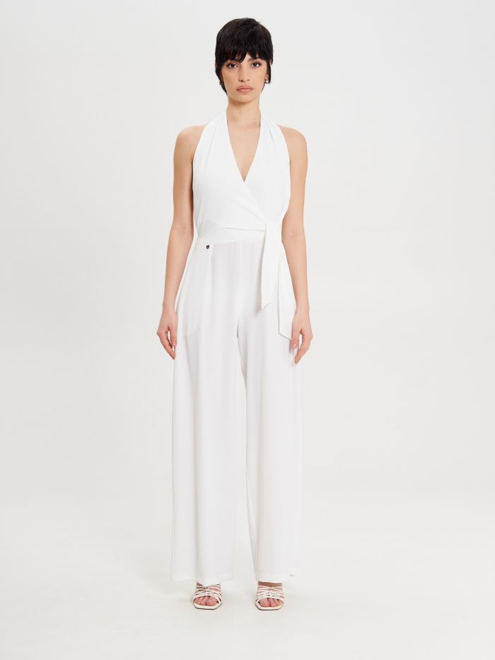 White Palazzo Jumpsuit with Knot det_1