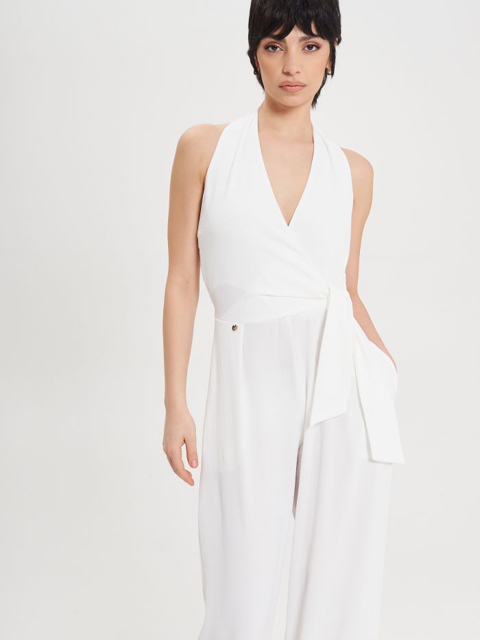White Palazzo Jumpsuit with Knot in_i5