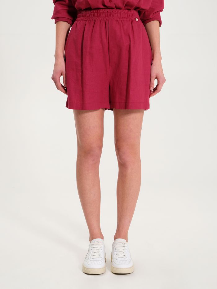 Burgundy Elasticated Linen Shorts  det_2