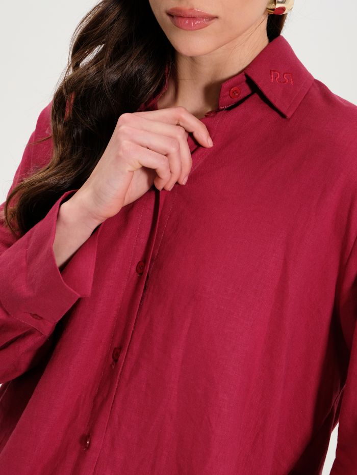 Burgundy Embroidered Linen Oversized Shirt  in_i5