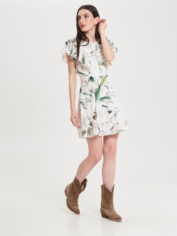 White Short Floral Dress with Cap Sleeves   Rinascimento