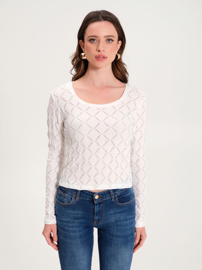 Weißer Pullover mit Lochmuster und Rundhalsausschnitt | Rinascimento